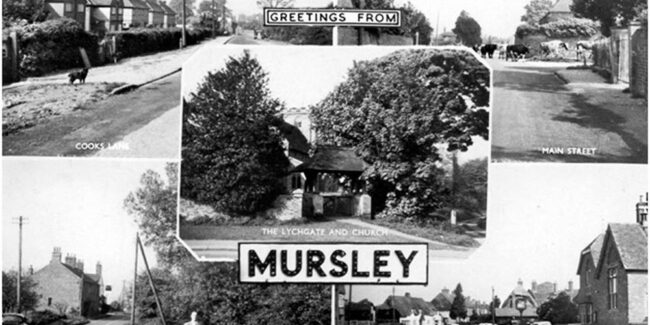 Black and white postcard with views of Mursley, labelled Greetings from Mursley.