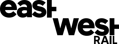 Bold black text reads east west RAIL with east and west in larger font, on a light background.